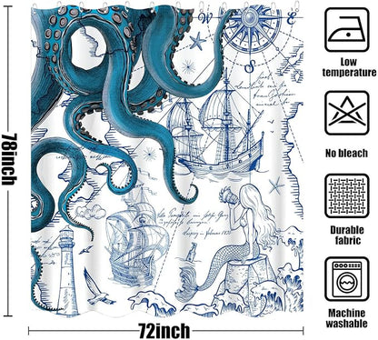 Fungarth Long Blue Nautical Octopus Shower Curtain Navy Mermaid Funny Ocean Kraken Shower Curtains for Bathroom Cool Anchor Coastal Map Waterproof Fabric Bath Curtain with Hooks (Blue, 72” x 78”)