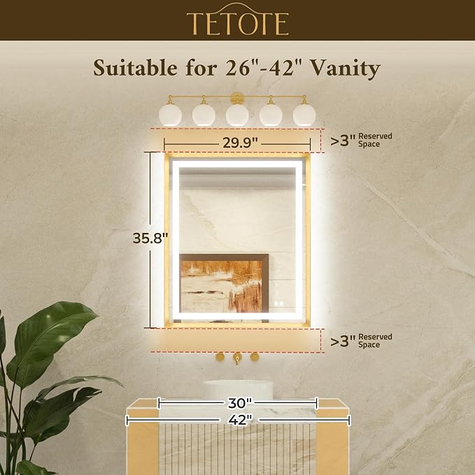 Led Bathroom Mirror 30 x 36 with Brushed Gunmetal Gray/Off‑Black Frame Anti-Fog Frontlit & Backlit Vanity Mirror Stepless Dimmable Lighted Mirrors for Bathroom Wall