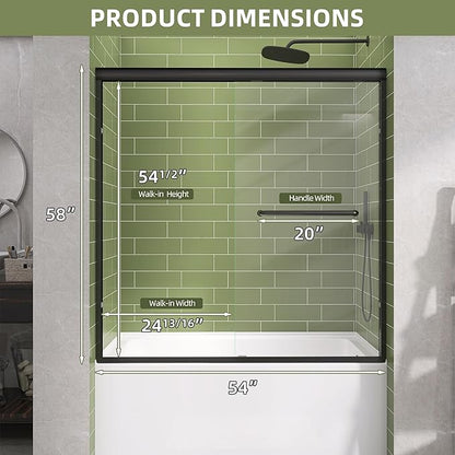 GETPRO Tub Shower Door Sliding 50-54 in. W x 58 in. H Semi-Frameless Bypass Double Sliding Bathtub Door for Bathroom,1/4 inch Clear Tempered Glass Tub Door Matte Black