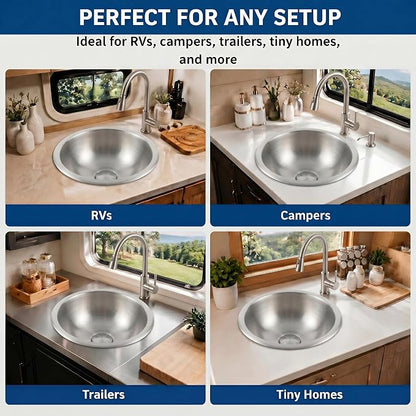 LQS 13 x 13 Inch RV Sink, Small Round Stainless Steel Drop-In Bar Sink | Small RV Bathroom Sink for Campers, Compact Camp Sink and Camping Sink with 5.31-Inch Deep Bowl and Drain Assembly