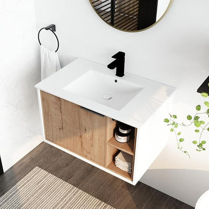 SSLine 30" Wall-Mount Bathroom Vanity Modern Floating Bathroom Vanity Set with Ceramic Sink Basin 24-Inch Oak Brown Small Bathroom Vanities with Storage Cabinet and Open Shelf