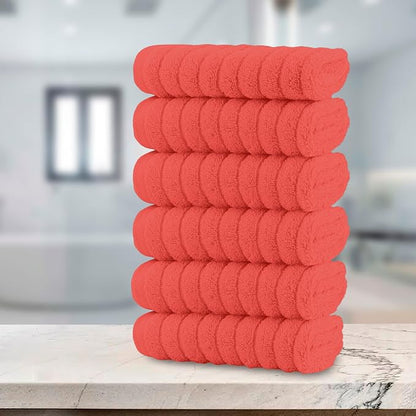 Elegant Comfort 100% Turkish Cotton Corduroy Ribbed Luxury Washcloths 6 Pack Soft 13 x 13 Inch - Higly Absorbent, Durable, Quick Dry, Spa Premium Hotel Quality for Bathroom or Travel, Coral