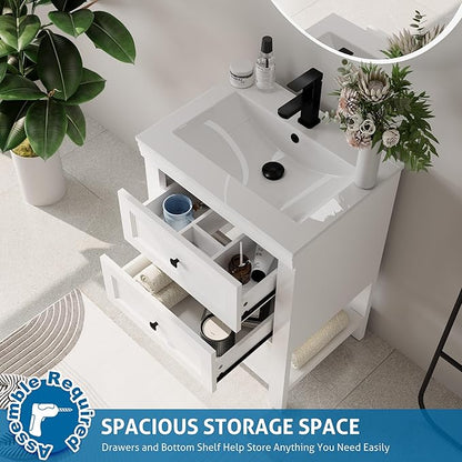 eclife 24" Bathroom Vanity with Sink Combo, Modern Painted Vanities Cabinet with Big Drawers, Opening Bottom Shelf, Raised Foot Pads, Include Undermount White Sink, Faucet & Drain, White