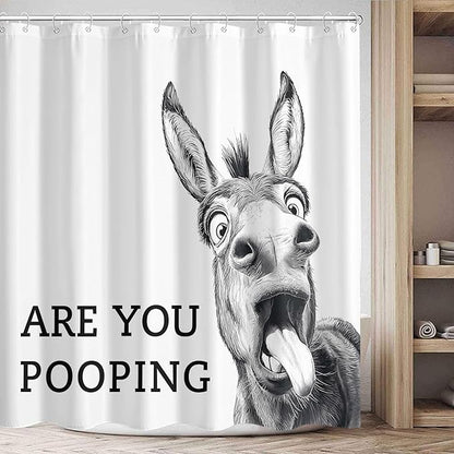 Funny Donkey Shower Curtain Rustic Farmhouse Shower Curtains for Bathroom Black and White Fun Cute Animal Wildlife are You Pooping Waterproof Fabric Bath Curtain Decor 72 X 72 Inch