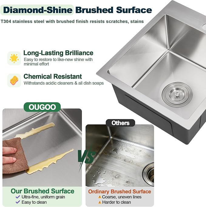 15 inch Bar Sink Drop in, 304 Stainless Steel Sink Single Bowl, 15"x17"x8" Small Sink Topmount for Wet Bar, Prep, RV, Apartment and Tiny Homes, Brushed