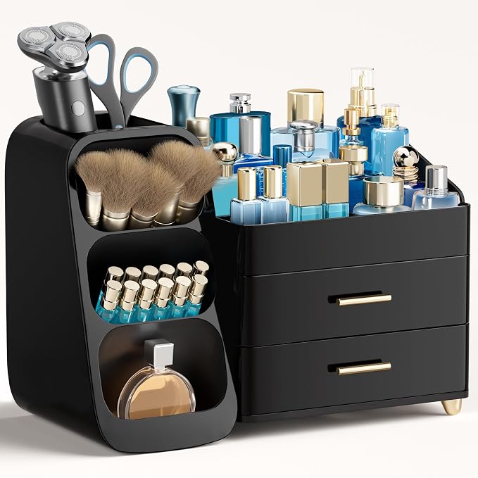 HBlife Cologne Organizer for Men Makeup Organizer with Brush Holder for Vanity, Large Plastic Bathroom Countertop Organizer Skin Care Storage, Fathers Day Gift for Dad Husband, All Black