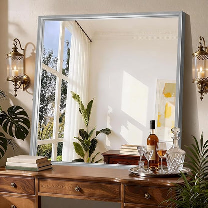 CIRCUMI 40"x40" Brushed Silver Bathroom Mirror, Square Mirror for Vanity | Chunky Box Metal Frame, Shatterproof, Tempered Glass, Bathroom Remodel&New Home,Wall Mirror for Over Sink,Living Room,Hallway