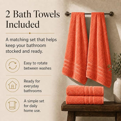 Velqora Bath Towels, 2 Pack, 30x60 in, 100% Cotton, Soft & Absorbent, Coral | Balanced Weight | Everyday Comfort | Easy Care