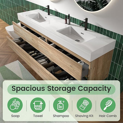 72" Floating Bathroom Vanity with Sink Combo, Modern Floating Double Sink Bathroom Vanity with Engineered Stone Tops & 4 Soft-Closing Drawers, Large Storage for Powder Room, Apartment, Rough Oak