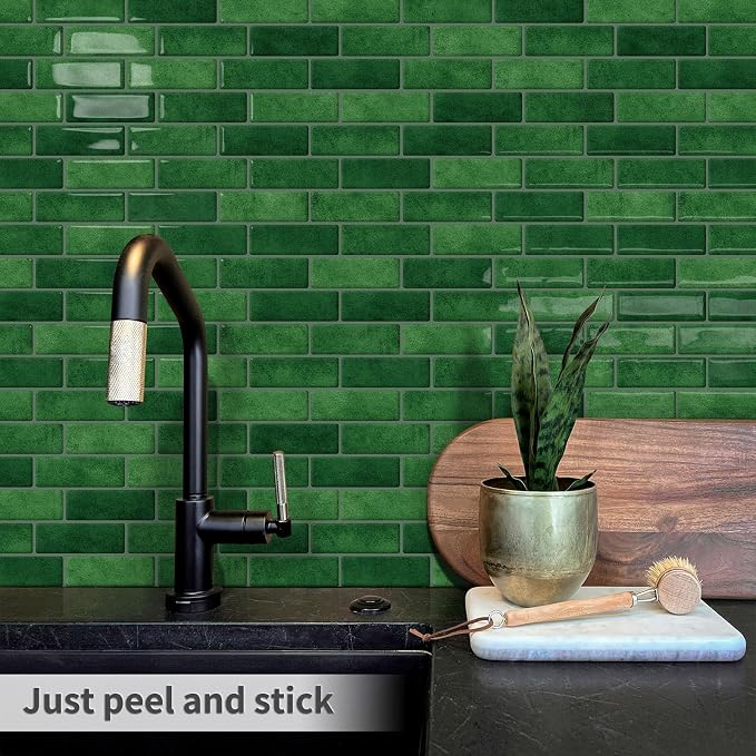 Green Peel and Stick Backsplash 3D Self Adhesive Wall Tile 10 Sheet | Thick,Sticky,Vinyl,12"x12",Marble,for Kitchen,Bathroom