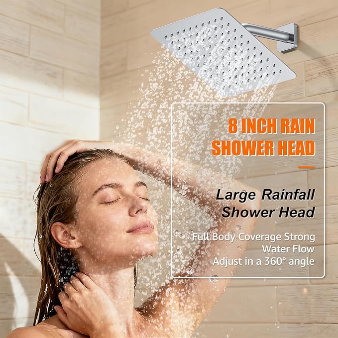 Shower System Modern Rain 8 inches Brass Faucet Set With Valve and Diverter Shower Mixer With Handheld High Pressure Square Rainfall Shower Valve (8'' Wall Mount, Chrome Polished)