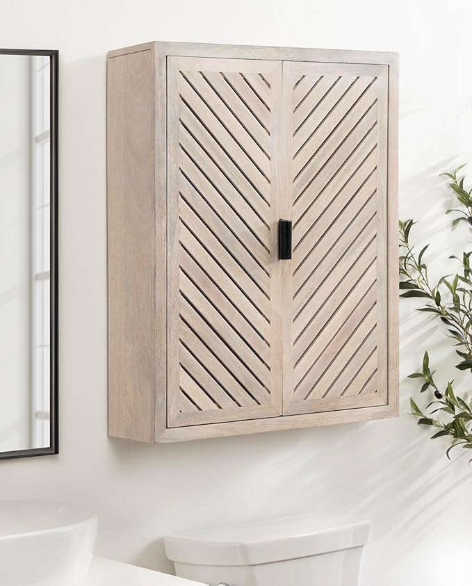 Kate and Laurel Mezzeta Decorative Coastal Two-Door Floating Bathroom Cabinet; 22 x 7 x 28; Whitewash; Decorative Over Toilet Storage Cabinet Made from Solid Mango Wood with Slatted Chevron Design