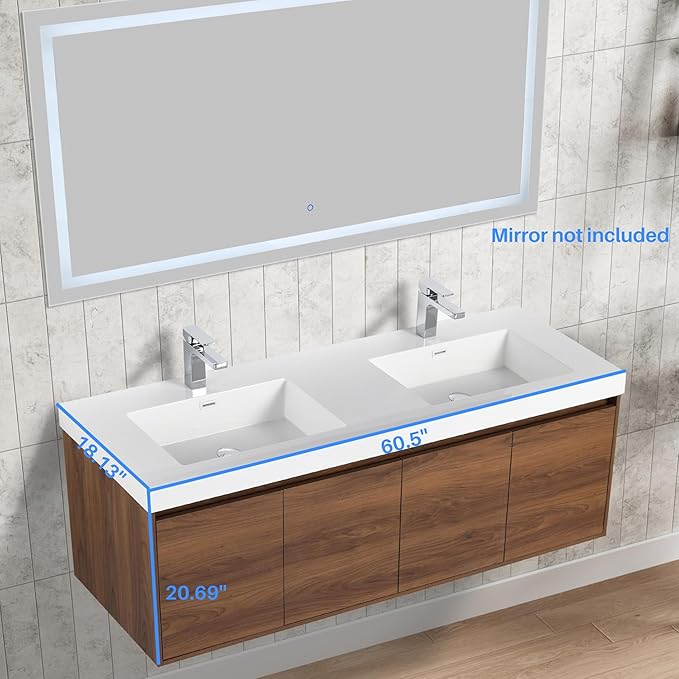 Blossom 60 Inch Floating Vanity Double Sink for Master Bath | Luxury Wall Mounted Bathroom Cabinet with Integrated Sinks | Professional-Grade Plywood & Pre-Assembled Design | Modern Walnut Finish
