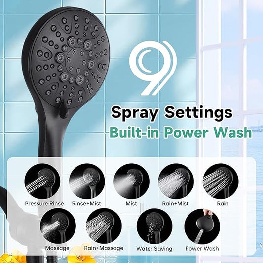 BRIGHT SHOWERS High Pressure Shower Head with Handheld, 9 Spray Settings Showerhead Built in Power Wash to Clean Tub and Pets, Extra Long 69" Hose, Adjustable Bracket, Oil-Rubbed Bronze