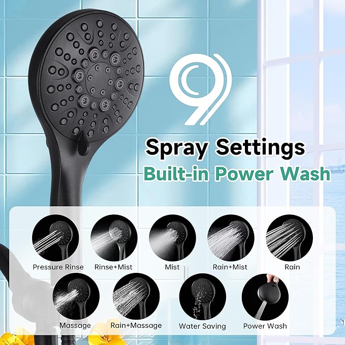 BRIGHT SHOWERS High Pressure Shower Head with Handheld, 9 Spray Settings Showerhead Built in Power Wash to Clean Tub and Pets, Extra Long 69" Hose, Adjustable Bracket, Oil-Rubbed Bronze