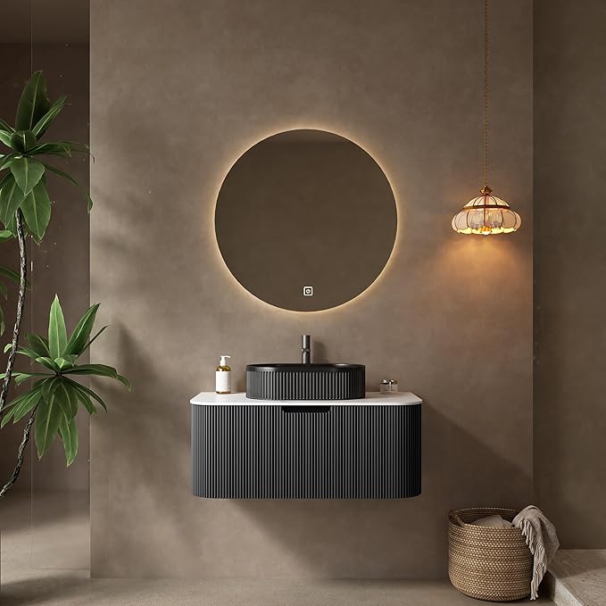 Yayzy 36" Floating Bathroom Vanity with Sink, Solid Wood Fluted Cabinet, Black Fluted Oval Ceramic Basin & Faux Marble Top, Soft-Close Drawer, Pre-Assembled, Gloss Black