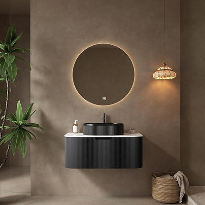 Yayzy 36" Floating Bathroom Vanity with Sink, Solid Wood Fluted Cabinet, Black Fluted Oval Ceramic Basin & Faux Marble Top, Soft-Close Drawer, Pre-Assembled, Gloss Black
