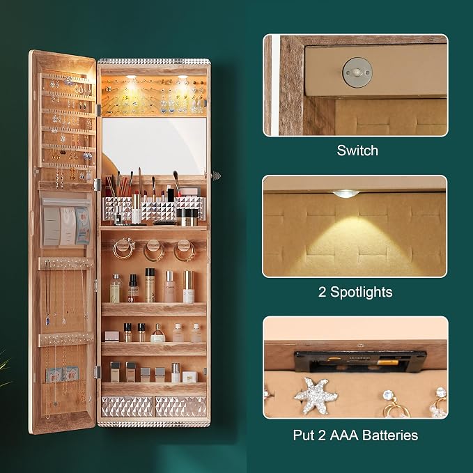 HNEBC Over the Door Jewelry Organizer with LED Lights, 47.2" Full Length Mirror with Storage, Wall Mounted Jewelry Armoire, Hanging Mirror with 2 Drawers,Lokable,3 Shelves(Wood)