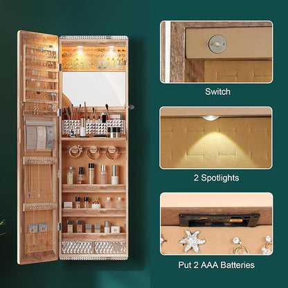 HNEBC Over the Door Jewelry Organizer with LED Lights, 47.2" Full Length Mirror with Storage, Wall Mounted Jewelry Armoire, Hanging Mirror with 2 Drawers,Lokable,3 Shelves(Wood)