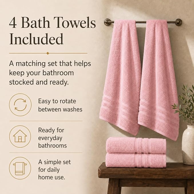 Velqora Bath Towels, 4 Pack, 30x60 in, 100% Cotton, Soft & Absorbent, Pink | Balanced Weight | Everyday Comfort | Easy Care
