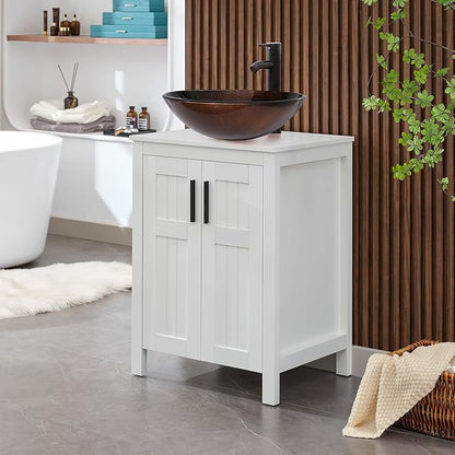 UEV White 24" Bathroom Vanity with Sink Combo,Modern Vanity with Vessel Sink,Stylish Bathroom Vanity Cabinet,Grooved Doors & Metal Handles,Modern Bronze Round Bowl Tempered Glass Vessel Sink(A09)