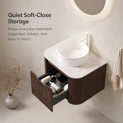 24 Inch Bathroom Vanity with Sink, Floating Wall Mounted Single Sink Vanity for Small Baths, Dark Walnut Curved Fluted Front, Stone Top, Pure White Round Vessel Basin, Pre-Assembled