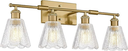HWH 4-Light Bathroom Light Fixture, Clear Floral Glass, 5HJX110B-4W BG | Brushed Gold Finish, Modern, 27 Inch Vanity Lights Over Mirror, Sconce Wall Lighting for Bedroom, E26 Base For Common Bulbs