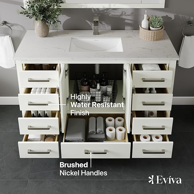 Eviva London 48 Bathroom Vanity with Top, Sink, and Quartz Countertop - Freestanding Single Sink Vanity for Modern Bathrooms