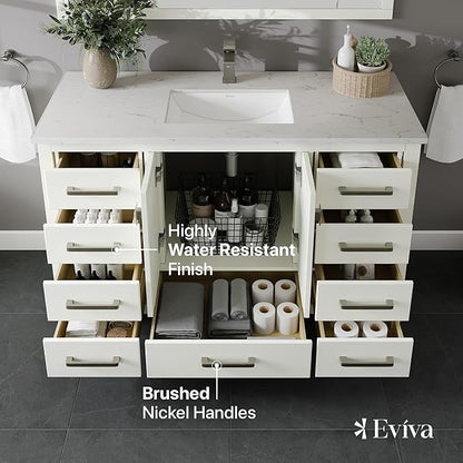Eviva London 48 Bathroom Vanity with Top, Sink, and Quartz Countertop - Freestanding Single Sink Vanity for Modern Bathrooms