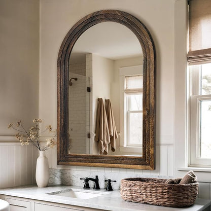 Arched Bathroom Mirror, 45"x30" Brown Wood Frame Wall Mirror | Farmhouse Vintage Vanity Mirror with Layered Frame for Entryway, Living Room, Bedroom