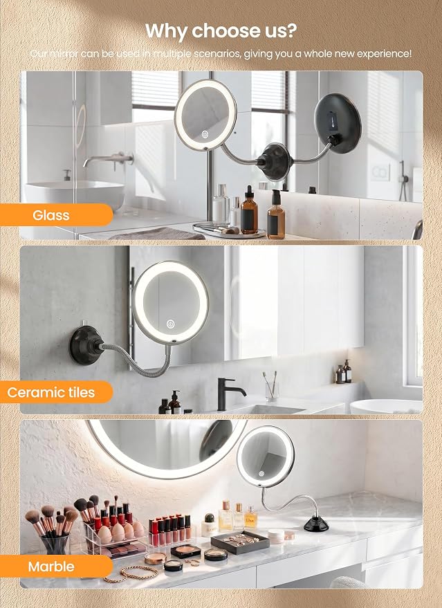 10x Makeup Mirror with Lights, Flexible Magnifying Mirror 3 Light Modes | Wall-Mounted Lighted Vanity Makeup Mirror, Cordless Battery Operated LED Mirror with Suction Cups for Shower Bathroom