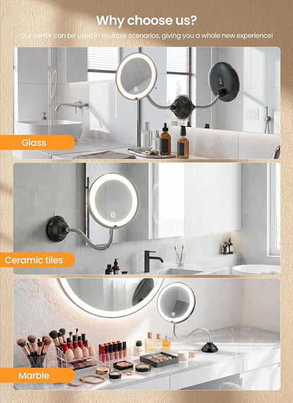 10x Makeup Mirror with Lights, Flexible Magnifying Mirror 3 Light Modes | Wall-Mounted Lighted Vanity Makeup Mirror, Cordless Battery Operated LED Mirror with Suction Cups for Shower Bathroom