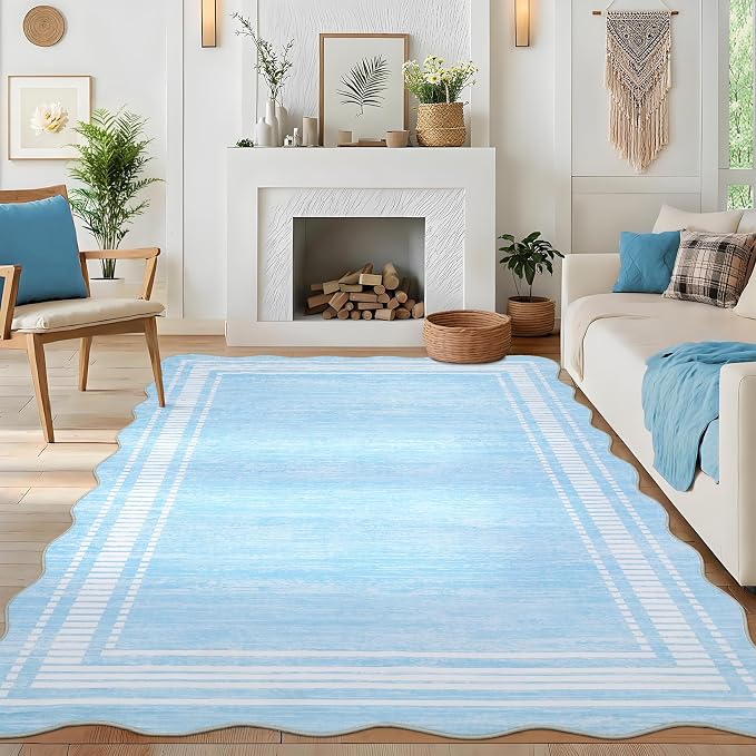 GarveeHome Washable Scalloped Rug 8x10 Rugs for Living Room Stain Resistant 8x11 Area Rugs for Bedroom, Non Slip Solid Printed Large Rug for Under Table Farmhouse Nursery Home Office Dorm, Blue