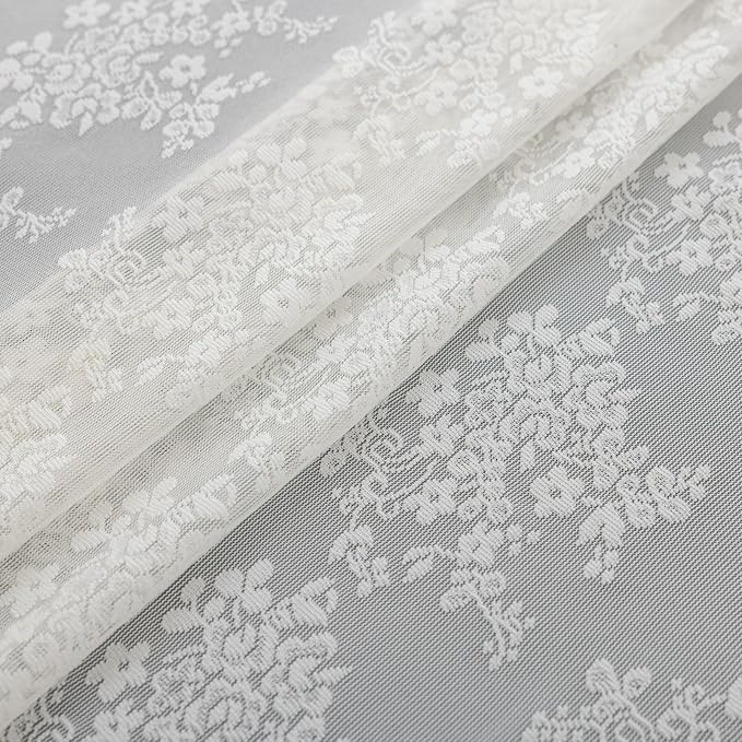 TUDECO Extra Long Shower Curtain - Rustic Lace Off White Shower Curtain with Attached Valance Vintage Floral Sheer Extra Wide Bathroom Decor Scalloped Edges, 102" W×84" L, 1 Panel, Cream