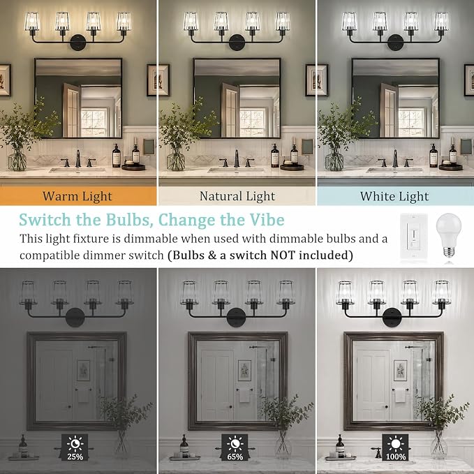 Black Vanity Lights, 4-Light Crystal Bathroom Light Fixtures | Modern Bathroom Vanity Light E26 Wall Light over Mirror (Exclude Bulb)