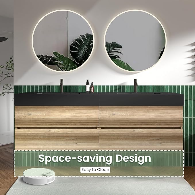 72" Floating Bathroom Vanity with Sink Combo, Modern Floating Double Sink Bathroom Vanity with Black Engineered Stone Tops & 4 Soft-Closing Drawers, Large Storage for Apartment, Hotel, Rough Oak