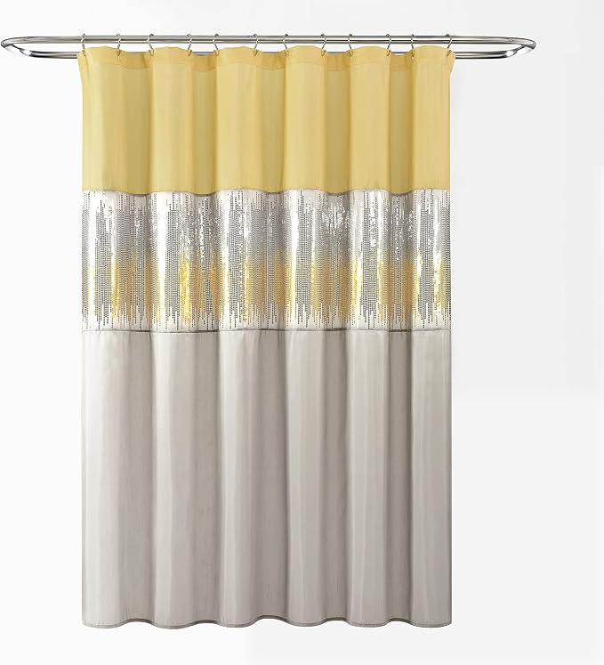 Lush Decor Night Sky Shower Curtain, Single, 72" W x 72" L, Yellow & Gray - Sequin Shower Curtain - Sparkly Color Block Bath Curtain - Modern Glam Bathroom Decor
