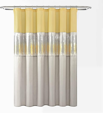 Lush Decor Night Sky Shower Curtain, Single, 72" W x 72" L, Yellow & Gray - Sequin Shower Curtain - Sparkly Color Block Bath Curtain - Modern Glam Bathroom Decor