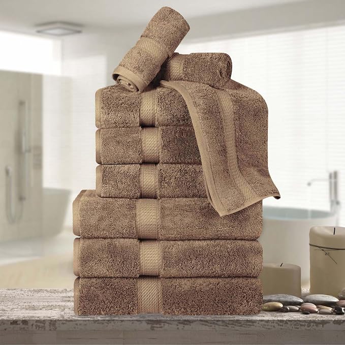 Superior Egyptian Cotton 800 GSM Plush & Absorbent, 9 Piece Set, Latte | Quick Dry, Soft Luxury Towel Set, Bath Essentials, Guest Bath, Spa, 3 Bath, 3 Hand, 3 Face Towel, Madeline Towels