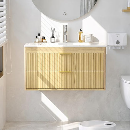 30 Inch Floating Bathroom Vanity Without Sink, Bathroom Wall Cabinet with 2 Fluted Drawers & Metal Handle, Wall Mounted Cabinet for Bathrooms (Natual Yellow, 30 inch, Without Sink)