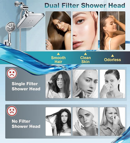 Dual Filtered Rain Shower Head Combo,10 Modes Handheld with 6 inch Rainfall | High Pressure Handheld Shower Head Built in Water Filtration, Filter for Hard Water