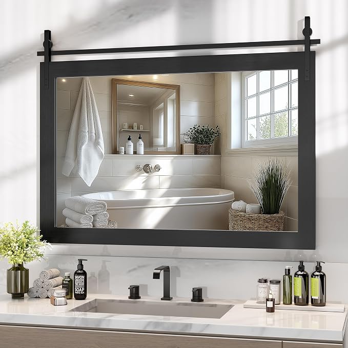 Hasipu Farmhouse Bathroom Mirror, 48"x32" Rustic Wood Framed Wall Mounted Mirror, Black Vintage Vanity Mirror Barn Door Style Decrative Mirrors
