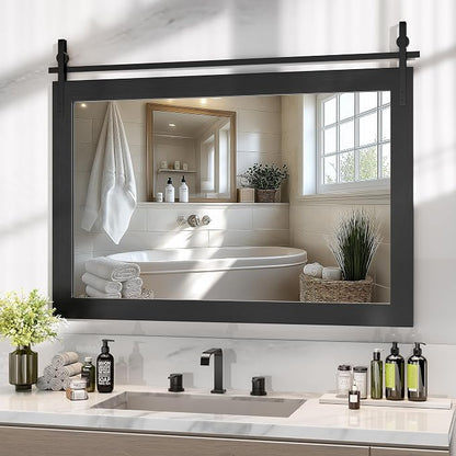 Hasipu Farmhouse Bathroom Mirror, 48"x32" Rustic Wood Framed Wall Mounted Mirror, Black Vintage Vanity Mirror Barn Door Style Decrative Mirrors