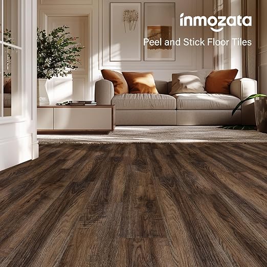INMOZATA 36 Pack Peel and Stick Floor Tile Waterproof Vinyl Plank Flooring | 54 Sq.Ft, Heat-resistant, Wood Grain Self Adhesive Flooring for DIY Bedroom Living Room Bathroom Kitchen (Walnut)