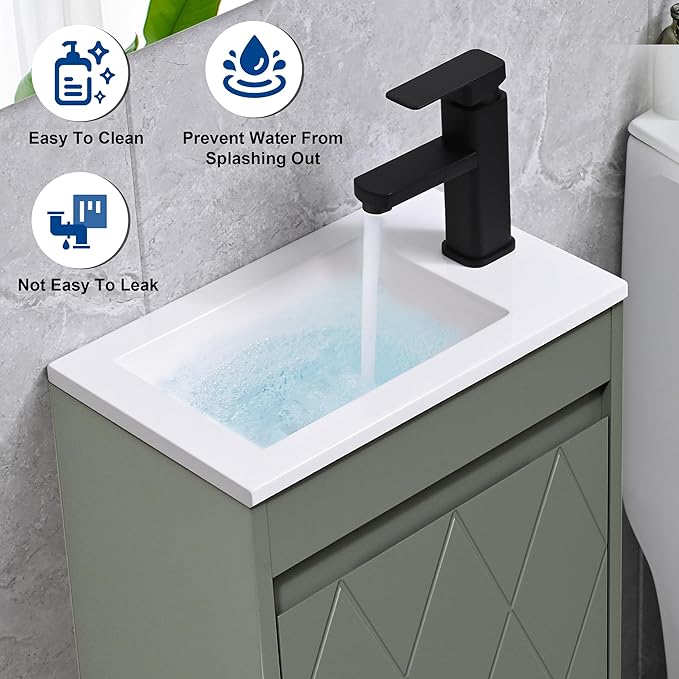 16" Bathroom Vanity Sink Combo for Small Space, Wall Mounted Bathroom Cabinet Set with White Resin Basin Sink Top Black Faucet Pop Up Drain Green