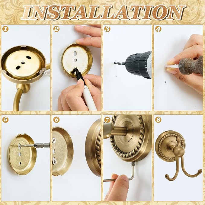 4 Pcs Antique Brass Gold Bathroom Accessories Set, Towel Ring, Toilet Paper Holder & Robe Hooks, Wall Mounted Brushed Solid Brass with Vintage Finish for Bathroom Decor Hardware Fixture Set