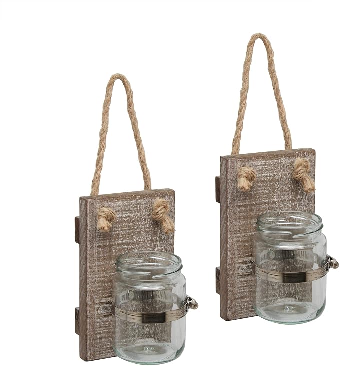 Stonebriar Rustic White Wash Wooden Mason Jar Wall Sconce Set with Hanging Loop