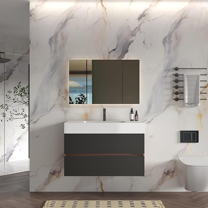 36 Inch Bathroom Vanity with Sink, Floating Bathroom Cabinet with 2 Soft-Closing Drawers, Large Storage for Small Bathroom, Apartment, Hotel, Walnut+Black, White Sink