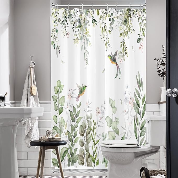 HVEST Sage Green Eucalyptus Shower Curtain for Bathroom, Spring Green Leaf and Pink Floral with Hummingbird on White Shower Curtain with Hooks Botanical Bathroom Curtains Shower Set, 48W X 72L inches