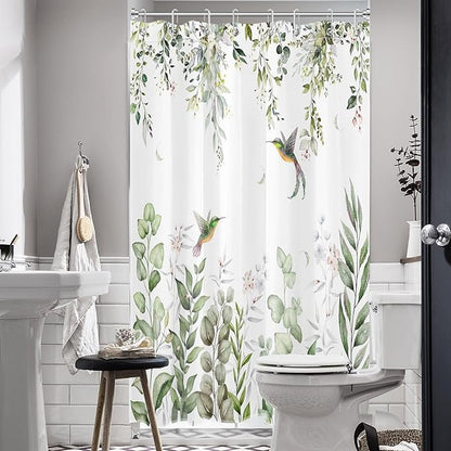 HVEST Sage Green Eucalyptus Shower Curtain for Bathroom, Spring Green Leaf and Pink Floral with Hummingbird on White Shower Curtain with Hooks Botanical Bathroom Curtains Shower Set, 48W X 72L inches